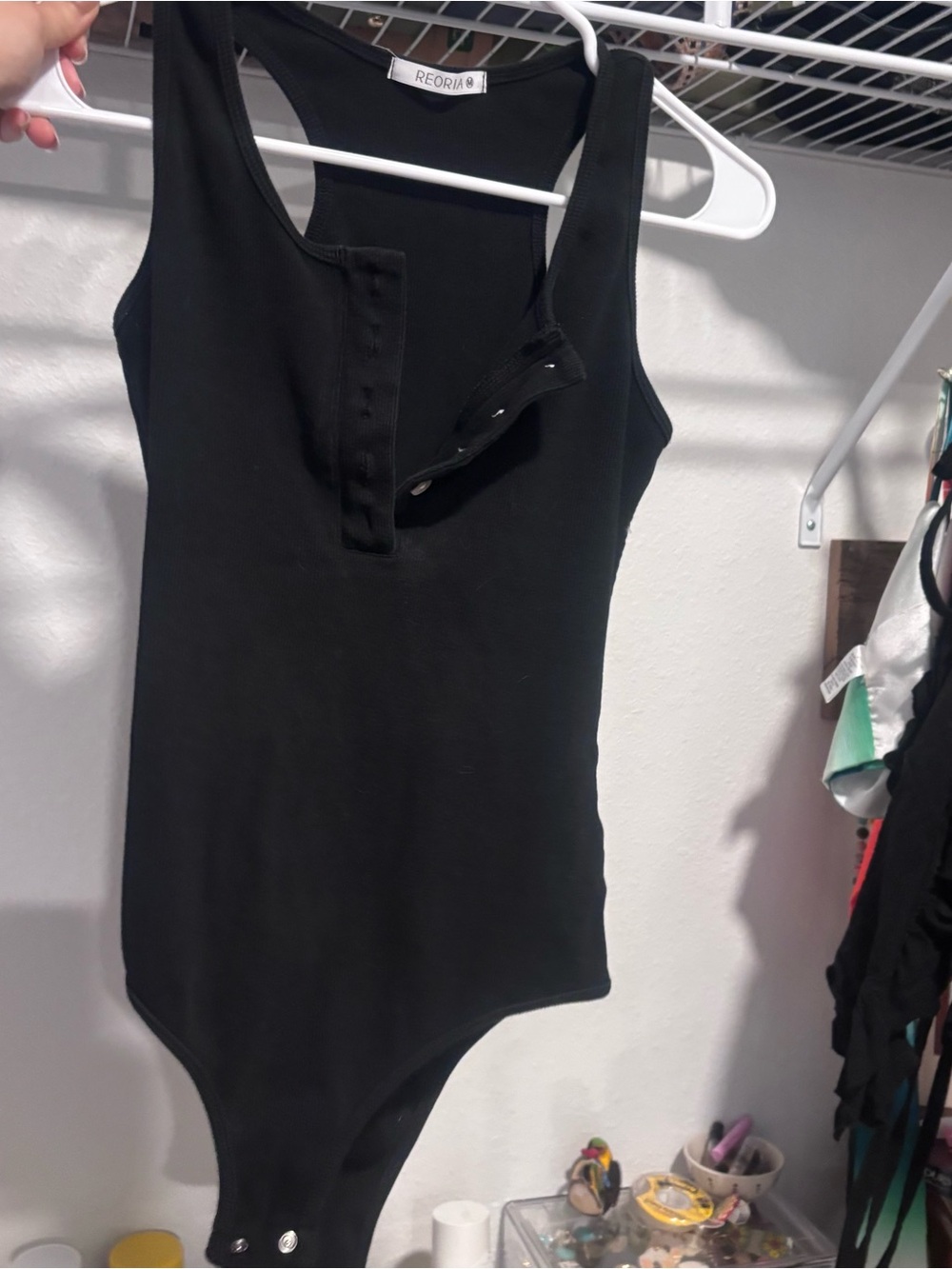 ReoRia Black Ribbed Snap-Front Tank Bodysuit